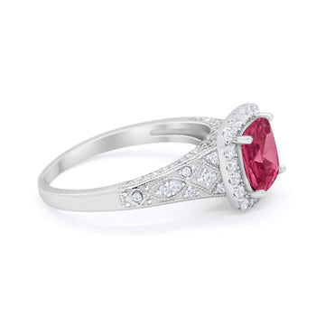 Cushion Art Deco Wedding Ring Simulated Ruby CZ 925 Sterling Silver